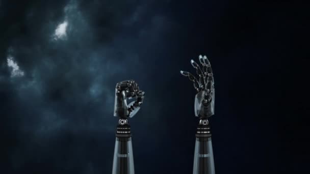 Анімація Металевих Роботів Рук Повертають Розкривають Кулак Над Бурхливим Небом — стокове відео