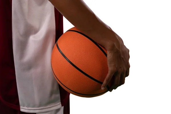 Tough female basketball player isolated on white background