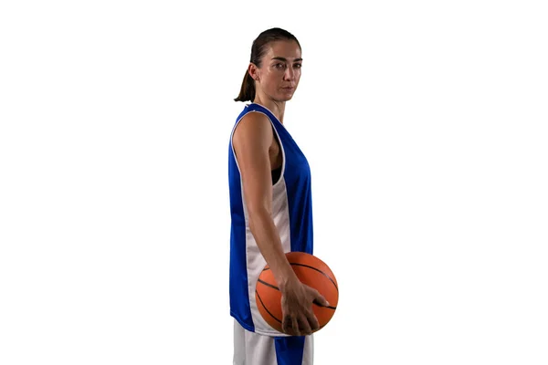 Stoere Vrouwelijke Basketballer Geïsoleerd Witte Achtergrond — Stockfoto
