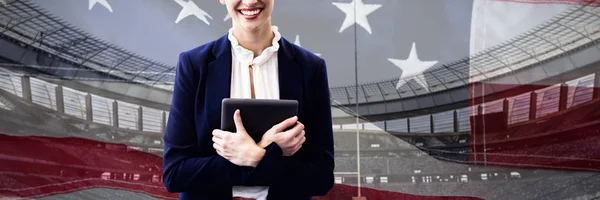 Portrait Smiling Businesswoman Holding Tablet Computer Close American Flag — Stock Photo, Image