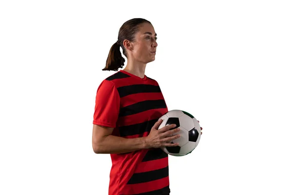 Pemain Sepak Bola Wanita Tangguh Terisolasi Latar Belakang Putih — Stok Foto