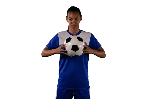 Pemain Sepak Bola Wanita Tangguh Terisolasi Latar Belakang Putih — Stok Foto