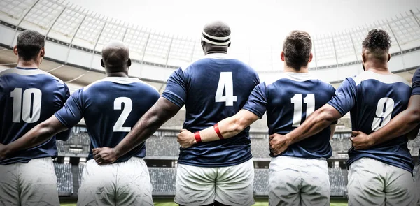 Ragby Team Proti Rugby Cíl Příspěvek Slunný Den Stadionu — Stock fotografie