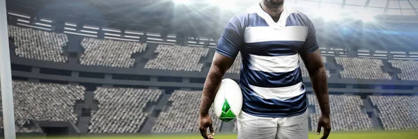 Sterke Rugbyspeler Tegen Digitaal Beeld Van Rugbystadion — Stockfoto