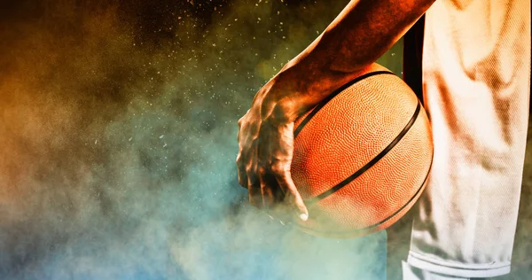 Tough Female Basketball Player Splashing Yellow Color Powder — Stock Photo, Image