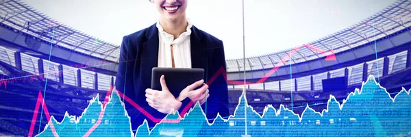 Portrait Smiling Businesswoman Holding Tablet Computer Stocks Shares — ストック写真