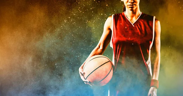 Tough Female Basketball Player Splashing Yellow Color Powder — Stock Photo, Image