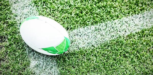 Närbild Rugby Bollen Ett Gräs Stadion — Stockfoto