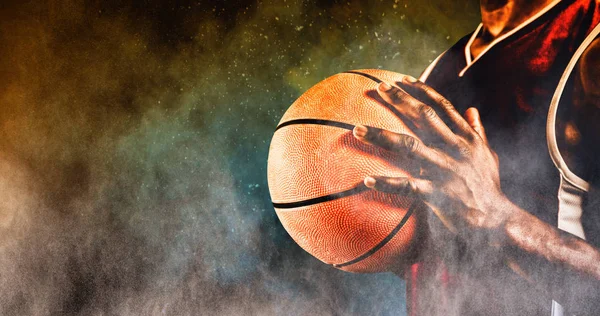 Giocatore Basket Contro Spruzzi Polvere Colore Giallo — Foto Stock