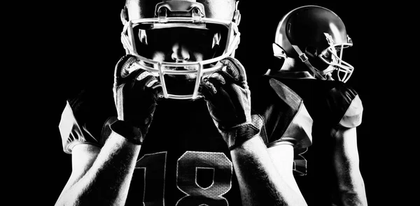 Close American Football Players Standing Rugby Helmets — Stockfoto