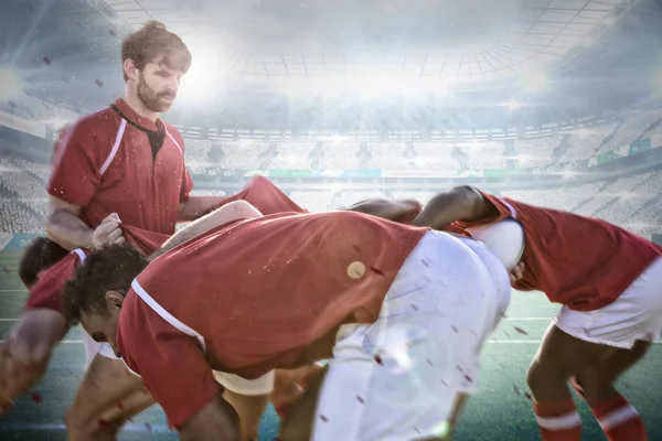 Joueurs Rugby Masculins Jouant Rugby Dans Sol Contre Stade Contre — Photo