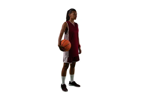Pemain Basket Wanita Tangguh Terisolasi Latar Belakang Putih — Stok Foto