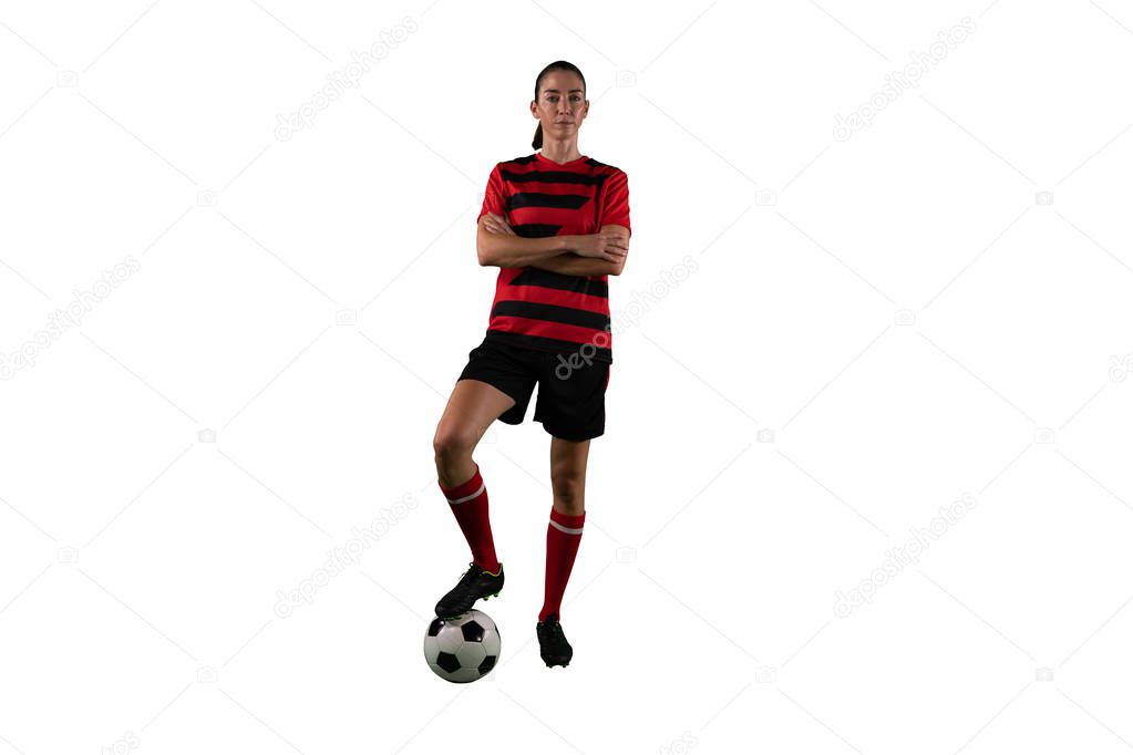 Tough female soccer player isolated on white background