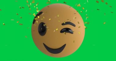 Düşen altın konfeti 4k ile yeşil ekran arkaplanındaki göz kırpan bir emoji simgesinin canlandırması