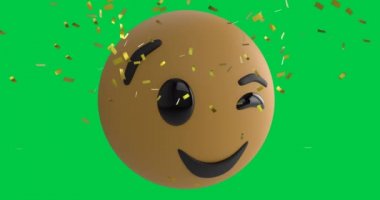Düşen altın konfeti 4k ile yeşil ekran arkaplanındaki göz kırpan bir emoji simgesinin canlandırması