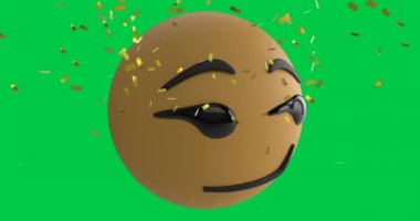 Gülümseyen emoji simgesinin canlandırması yeşil ekran arka planında kaşlarını kaldırıyor ve altın konfeti 4k düşüyor.