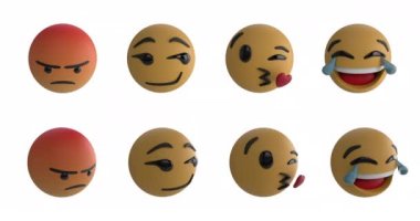 Beyaz arkaplan 4k üzerinde sekiz emoji simgesinin canlandırması