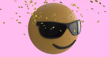 Pembe arka planda güneş gözlüğü takan ve altın rengi konfetileri olan gülümseyen bir emoji ikonunun animasyonu 4k