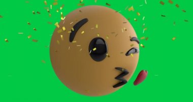 Düşen altın konfetiyle yeşil ekranda kalp öpücüğü veren bir emoji ikonunun animasyonu