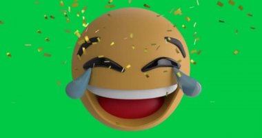 Düşen altın konfeti 4k ile yeşil ekran arkaplanındaki gülen bir Lol emoji simgesinin canlandırması