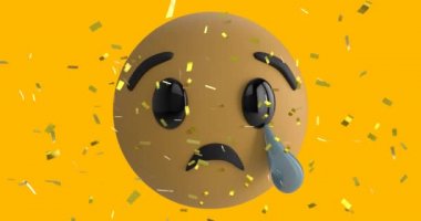 Sarı arka planda, düşen altın konfetiyle birlikte üzgün bir emoji simgesinin animasyonu 4k