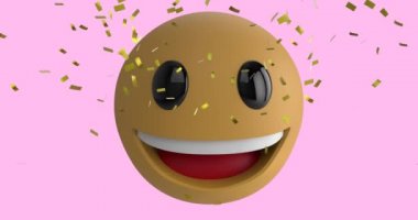 Pembe arka planda yere düşen konfeti 4k ile gülen bir emoji simgesinin canlandırması