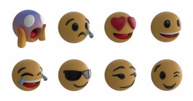 Beyaz arkaplan 4k üzerinde sekiz emoji simgesinin canlandırması