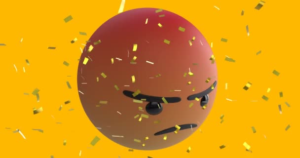 Animation Rasande Emoji Ikon Gul Bakgrund Med Fallande Guld Konfetti — Stockvideo