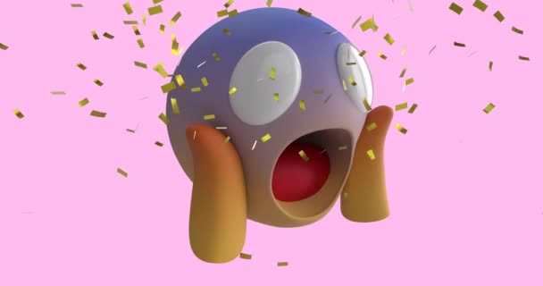 Animation Skrik Emoji Ikon Rosa Bakgrund Med Fallande Guld Konfetti — Stockvideo