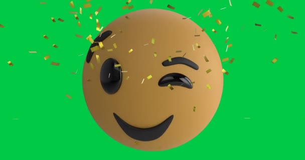 Animation Winking Emoji Icon Green Screen Background Falling Gold Confetti — Stock Video