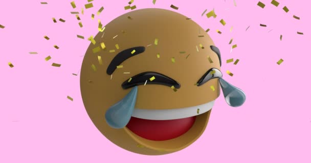 Анімація Смішної Ікони Lol Emoji Рожевому Тлі Падаючим Золотим Конфетті — стокове відео