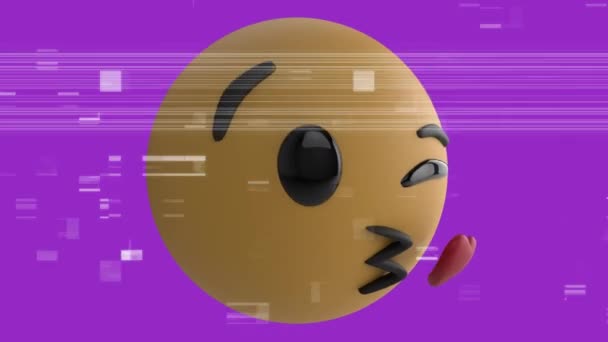 Animação Ícone Emoji Soprando Beijo Coração Fundo Roxo Com Interferência — Vídeo de Stock