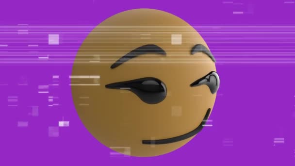Animacja Uśmiechniętej Ikony Emoji Podnoszącej Brwi Fioletowym Tle Interferencją — Wideo stockowe