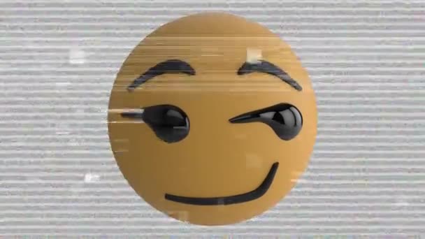 Animation d'une icône émoji souriante levant les sourcils sur un fond pâle avec interférence 