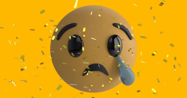 Animation Sad Emoji Icon Yellow Background Falling Gold Confetti — Stock Video