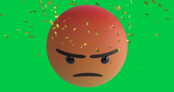 Animace Vztek Emoji Ikony Zeleném Pozadí Obrazovky Padající Zlaté Konfety — Stock video