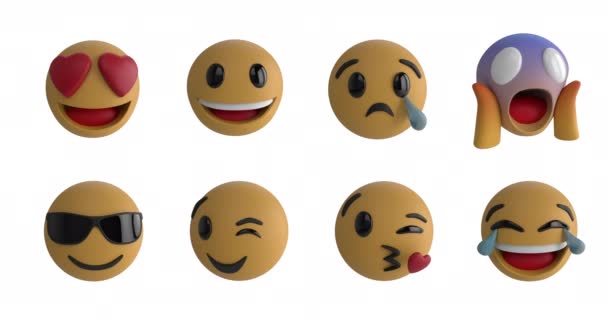 Κινούμενα Σχέδια Οκτώ Εικονιδίων Emoji Λευκό Φόντο — Αρχείο Βίντεο