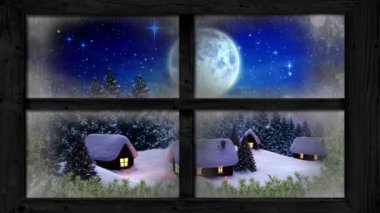 Pencereden görülen kış manzarasının animasyonu, Noel Baba 'nın kızakla çekilmesiyle ren geyikleri, kar yağışı, ay, evler ve köknar ağaçları tarafından çekiliyor.