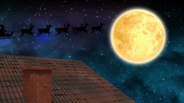 Geceleyin Noel Baba 'nın kızakla çektiği kış manzarasının animasyonu ren geyikleri, parıltı, ay ve ev tarafından çekiliyor.