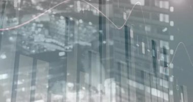 Veri işleme ve iş grafikleri ve şehir manzaralı istatistiklerin animasyonu 4k