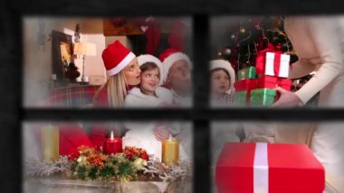 Noel 'de aile animasyonu. Birbirlerine hediyeler veren bir Noel ağacının penceresinden görülüyor.