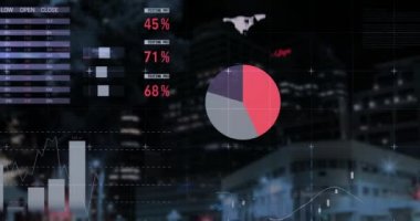 Veri işleme ve iş grafikleri ve şehir manzaralı istatistiklerin animasyonu 4k