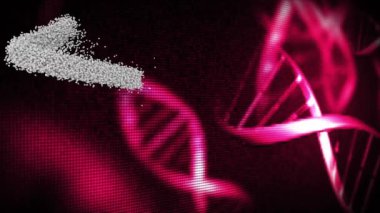Siyah arka planda parlayan pembe DNA iplikçikleri olan gri parçacıklardan oluşan hareket eden insan büstü animasyonu