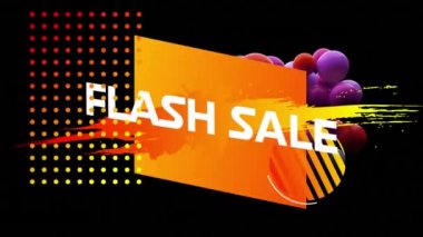 Sarı ve turuncu boyalı beyaz harflerle Flash Satış sözcüğünün animasyonu siyah arka planda monogramlama şekilleri ve pembe ve mor küreler ile çarpışıyor.
