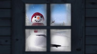 Pencereden görünen kış manzarasının animasyonu, kar yağışı ve kardan adam