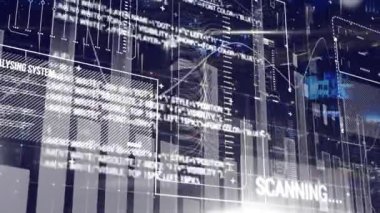 Mavi arkaplan üzerinde veri işleme ve iş grafikleri ve istatistiklerin animasyonu