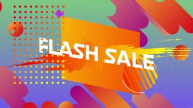 Hareketli sarı, turuncu ve mor kapsül ve yumuşak yeşil arka planda daire şekilleri üzerine beyaz harflerle Flash Sale sözcüğünün animasyonu