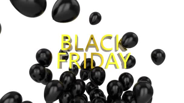 黑色星期五 这个词在黄色中的动画效果 闪亮的黑色气球漂浮在白色的背景上 — 图库视频影像