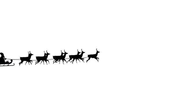 Animation d'une silhouette noire du Père Noël en traîneau tirée par des rennes sur fond blanc 