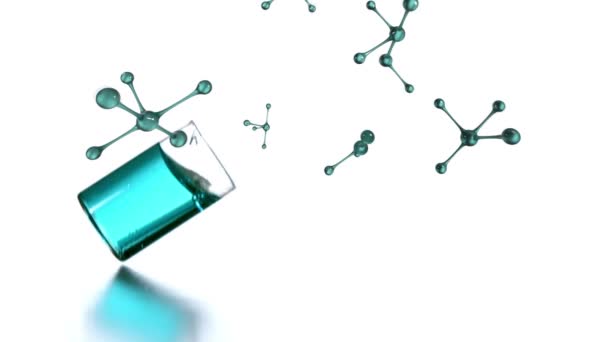 Animación Moléculas Abstractas Azules Metálicas Girando Con Vaso Precipitados Lleno — Vídeos de Stock
